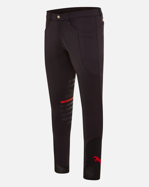 Black athletic pants with red and gray accents and branding, displayed against a plain background.