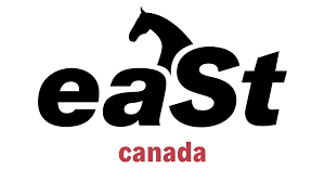 Logo of east canada with the word 'east' in large black letters and a horse design integrated into the letter 't', and 'canada' in smaller red letters below.