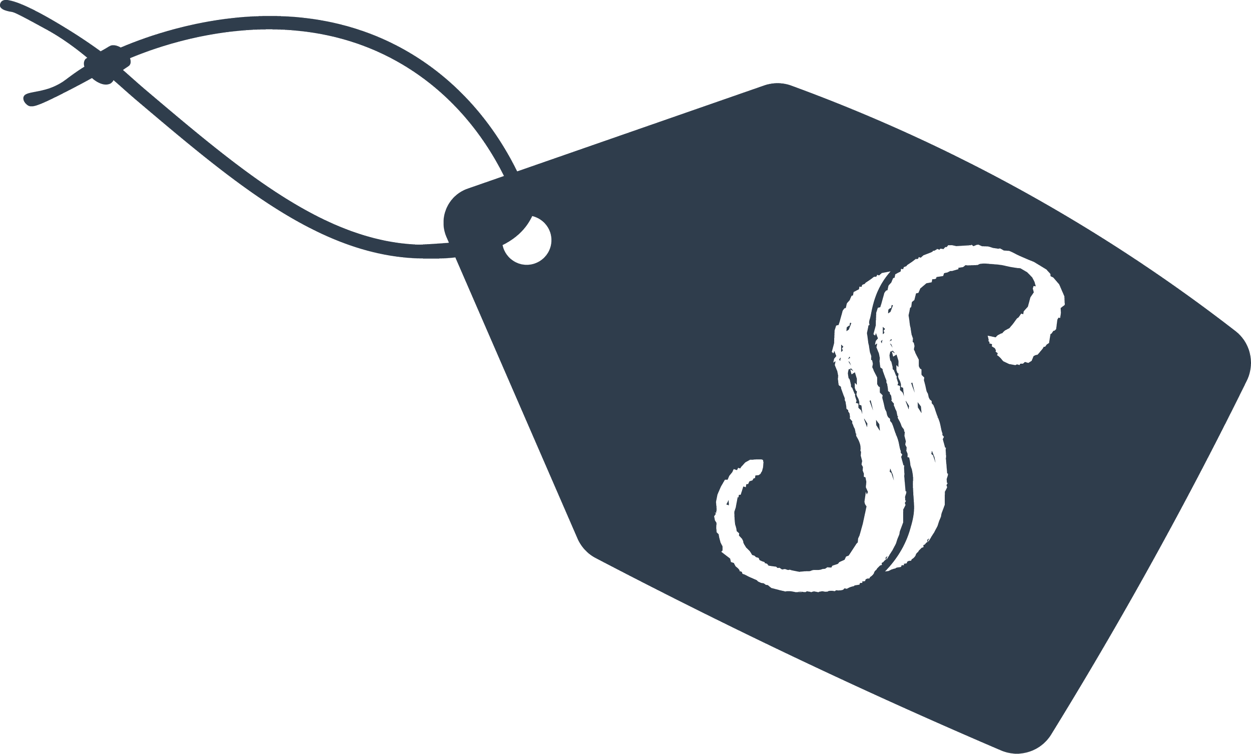 Illustration of a price tag with a string attached, featuring a decorative curl design in black on a dark background.