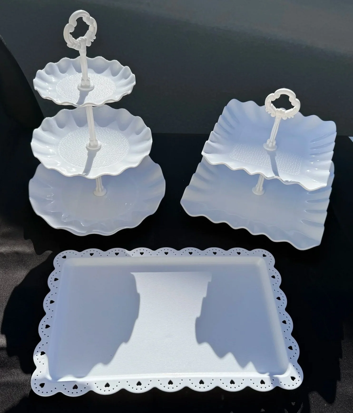 White Dessert Tier & Tray Set
Pickup or Delivery — $10 per set

(each set includes 1 square tier, 1 round tier, and 1 matching tray; 3 sets available)
(delivery fee based on mileage)