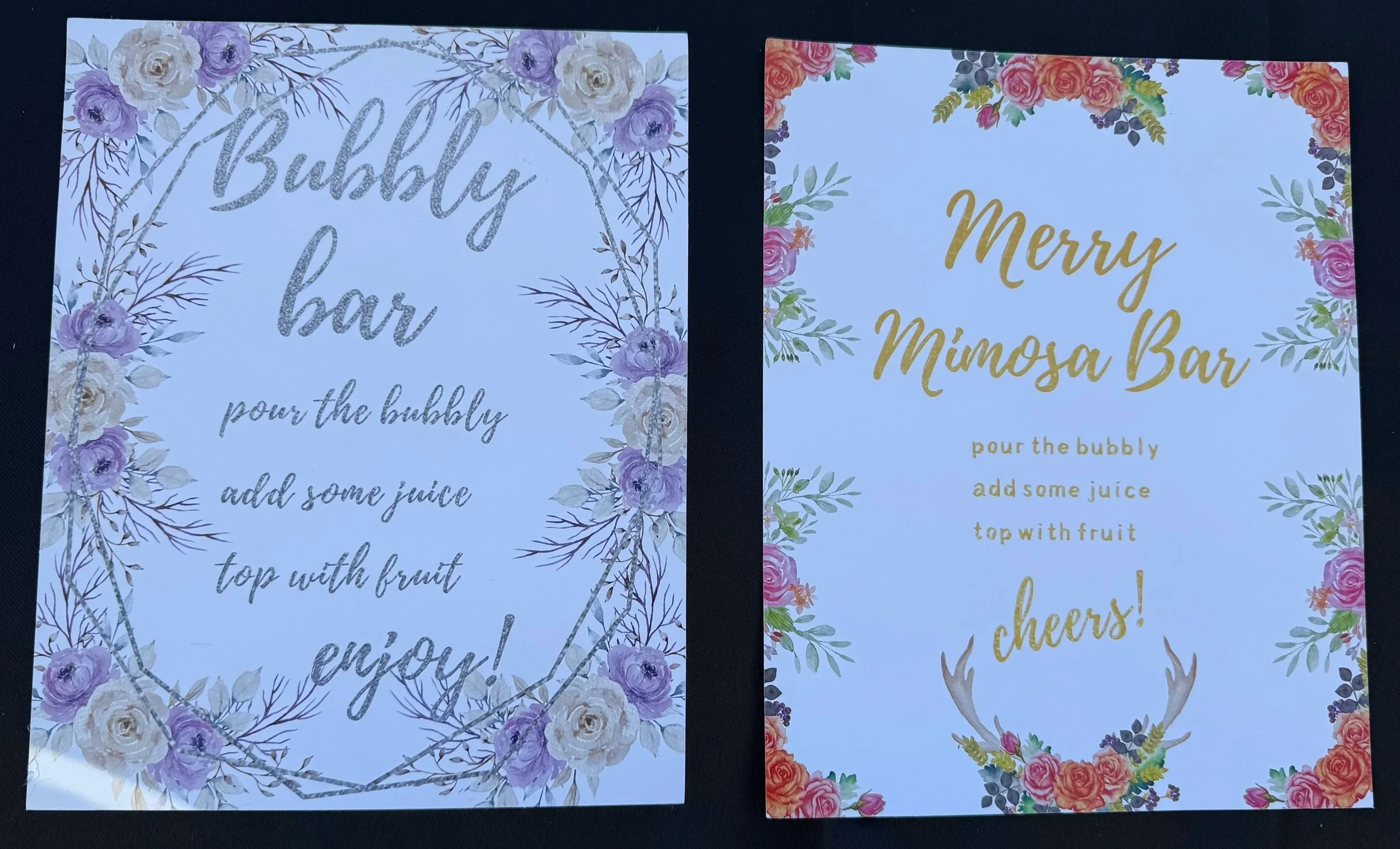 Additional Bubbly/Mimosa Bar Signage Options
Pickup or Delivery — $0 each

(delivery fee based on mileage)