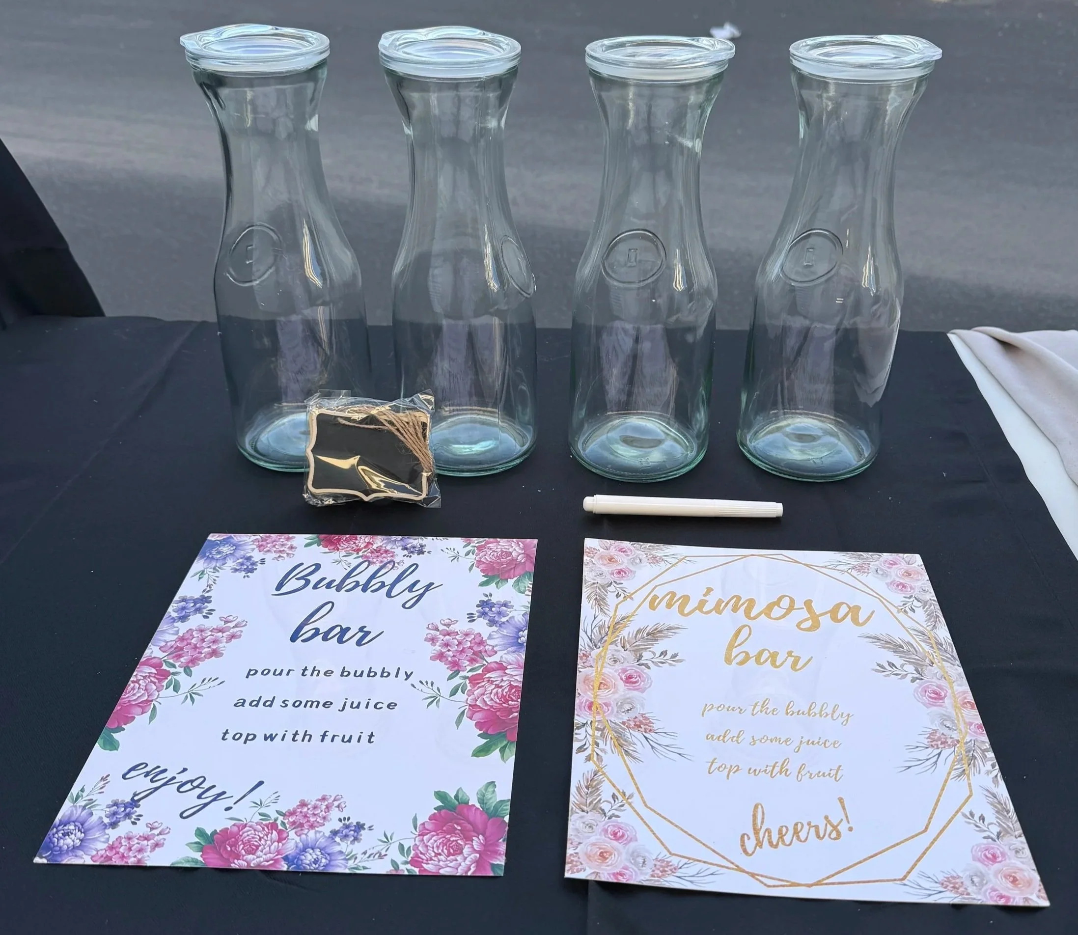 Bubbly/Mimosa Bar Juice Set
Pickup or Delivery — $10 per set

(includes juice glasses & labels, signage & easel - ideal for mimosa or drink bar setups)
(delivery fee based on mileage)