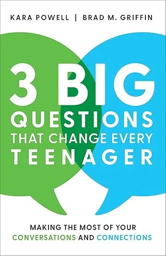 The cover image of the book "3 Big Questions that change every teenager". Two conversation bubbles, one is green and the other blue, overlap on the cover.