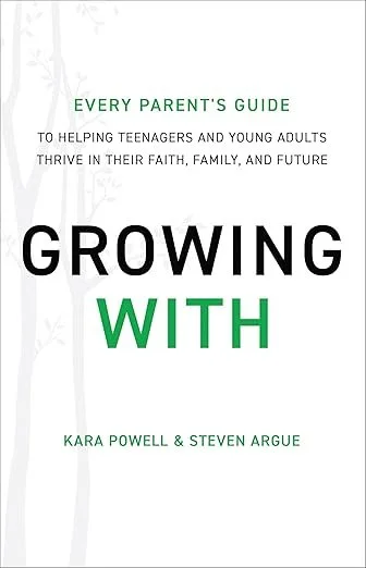 The cover image of the book "Growing With"; white book with faint image of tree saplings in the background.