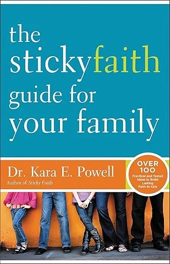 The cover image of the book "The Stickyfaith guide for your family", blue and orange blocks of color, with the image of five people's legs standing against an orange wall.