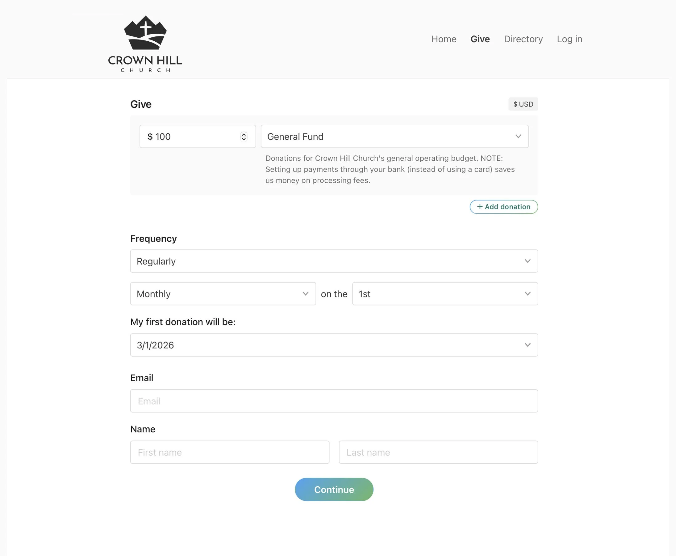 A screenshot of the Planning Center online donation portal for setting up monthly recurring giving at Crown Hill Church.