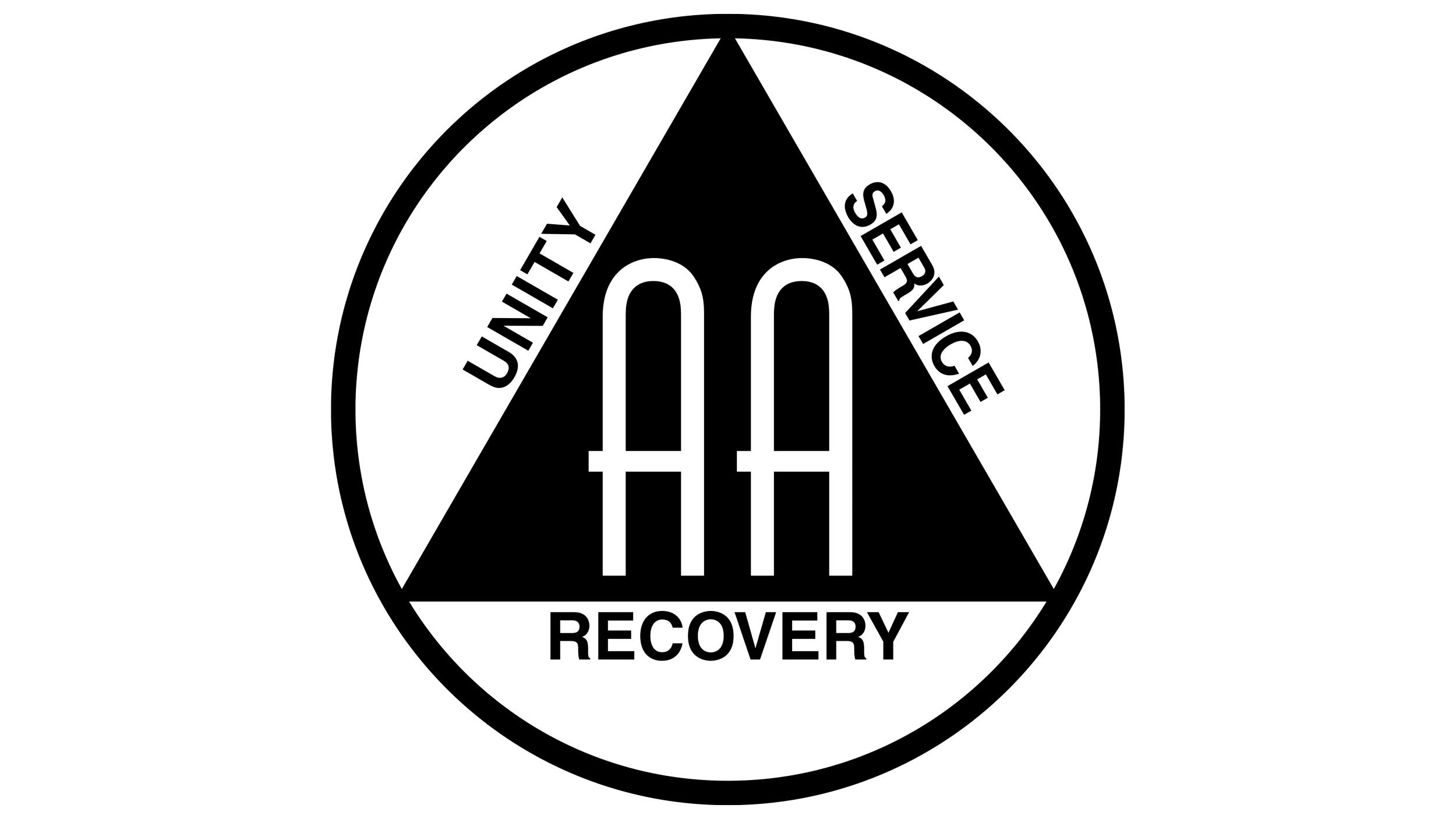 The Alcoholics Anonymous logo, a circular emblem with the words 'Unity,' 'Service,' and 'Recovery' around the edges, and a large letter 'AA' in the center.
