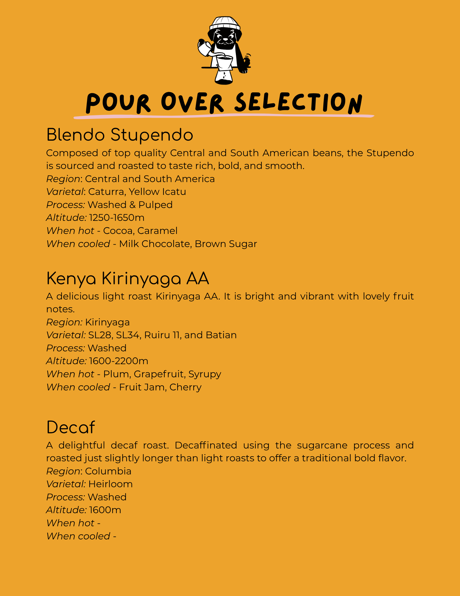 Pour Over Coffee Menu