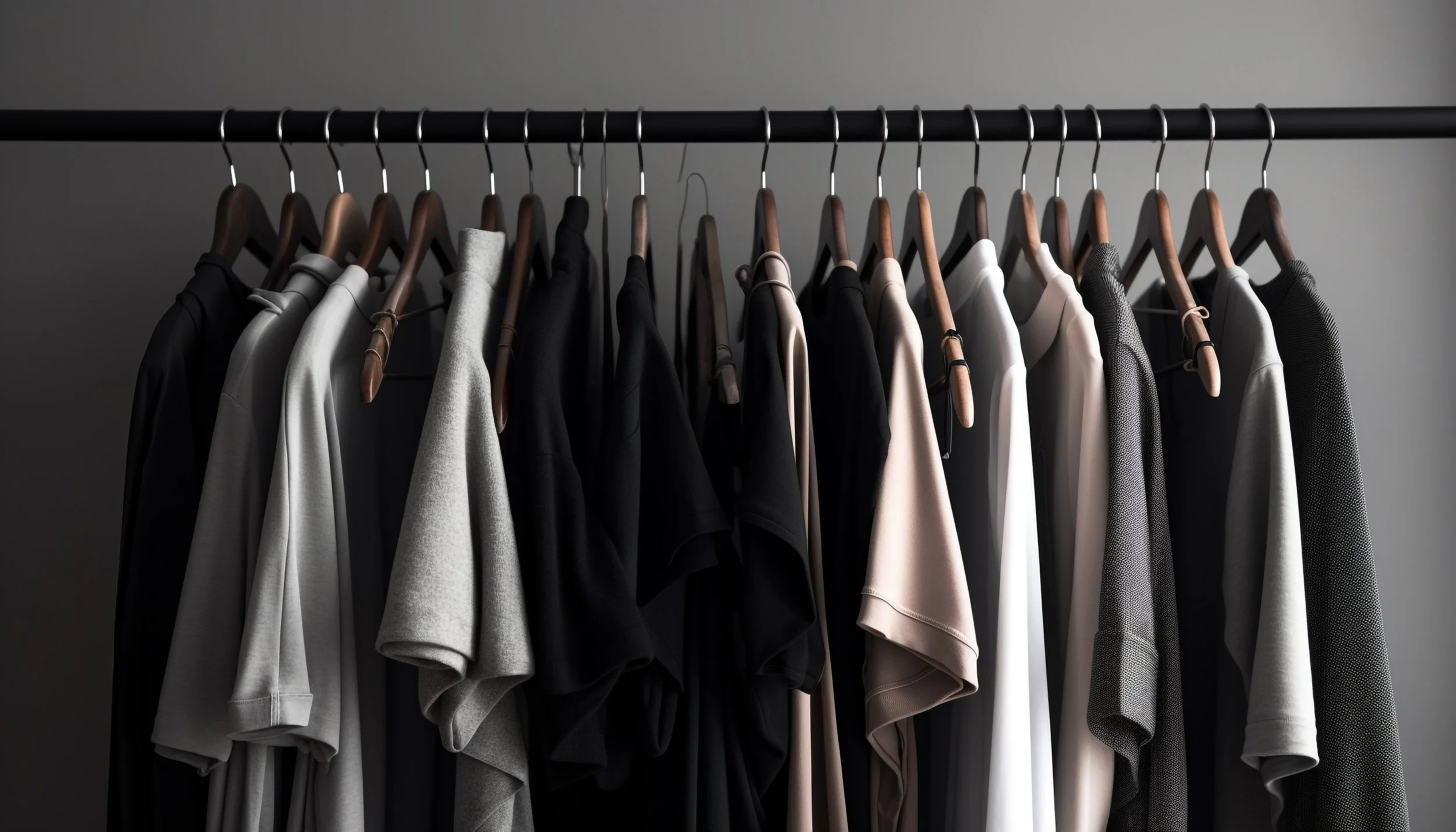 A row of neutral-colored clothing hanging on black hangers on a black clothing rack against a plain gray wall.