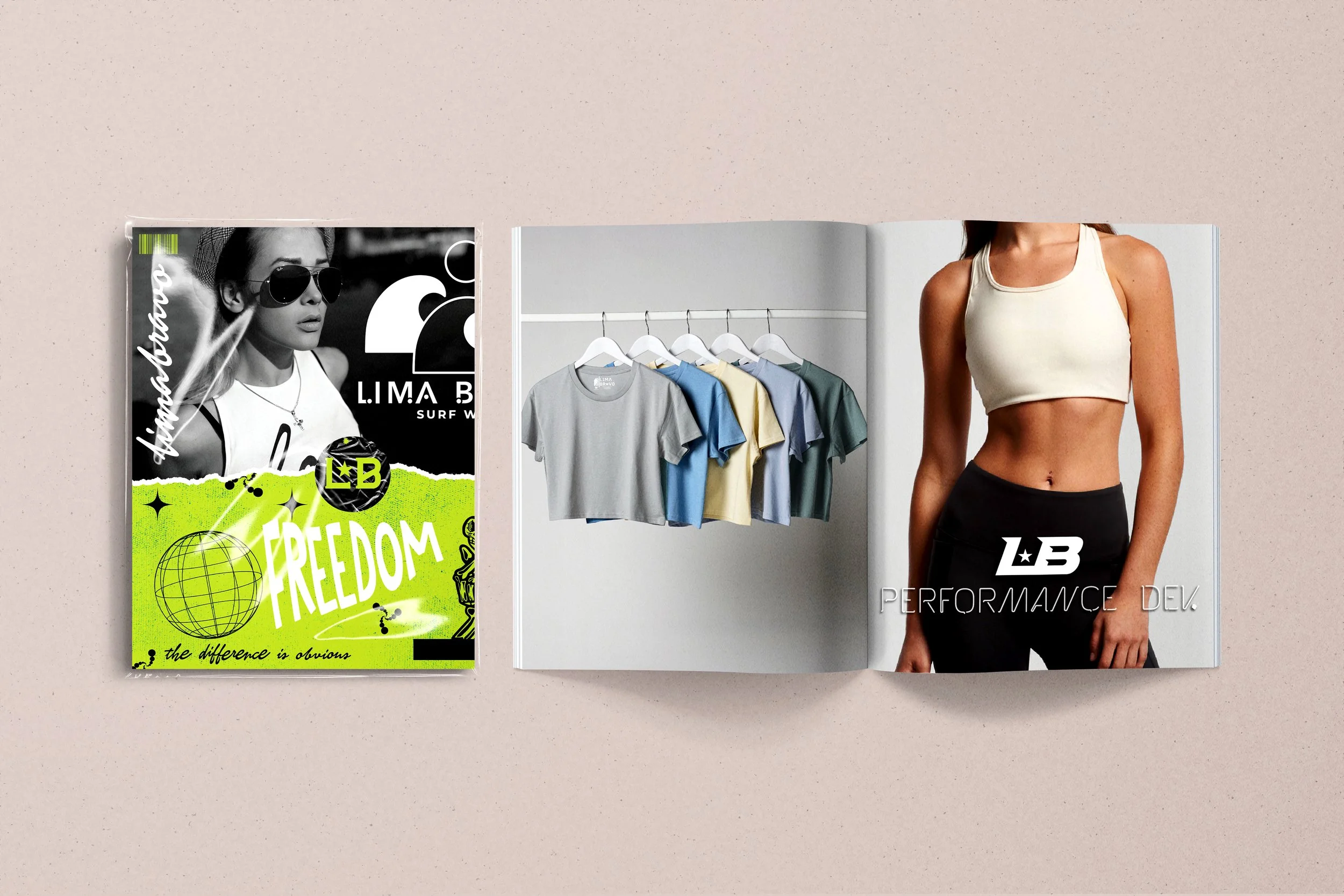 Open magazine showing fashion-related content. Left page features a black and white photo of a woman wearing sunglasses and a tank top, with a graphic design that includes the words 'FREEDOM' and 'the difference is obvious.' Right page shows a woman 