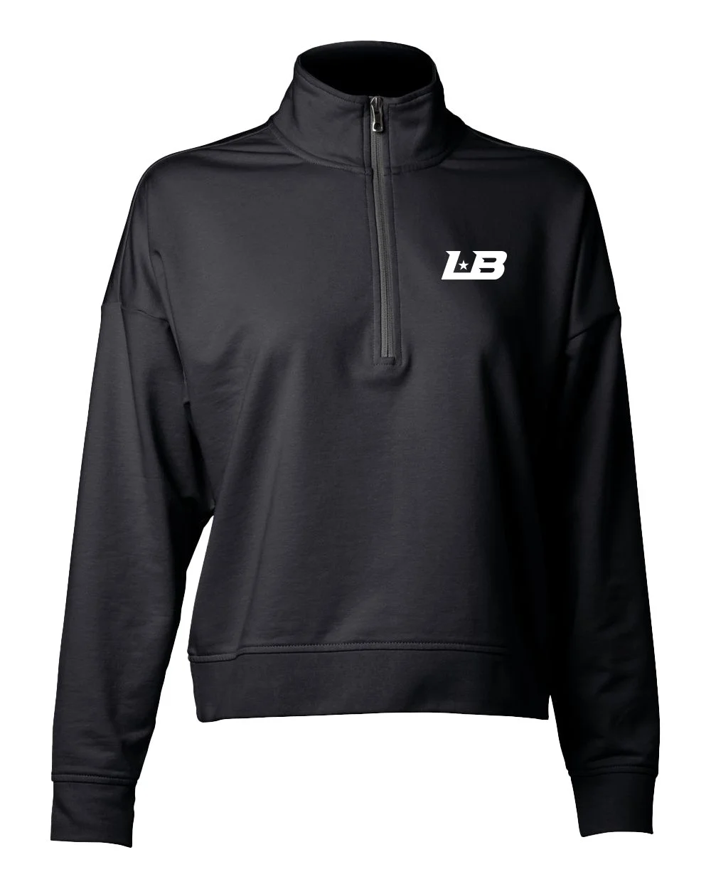 Black quarter-zip athletic pullover with an 'LB' logo on the left chest.