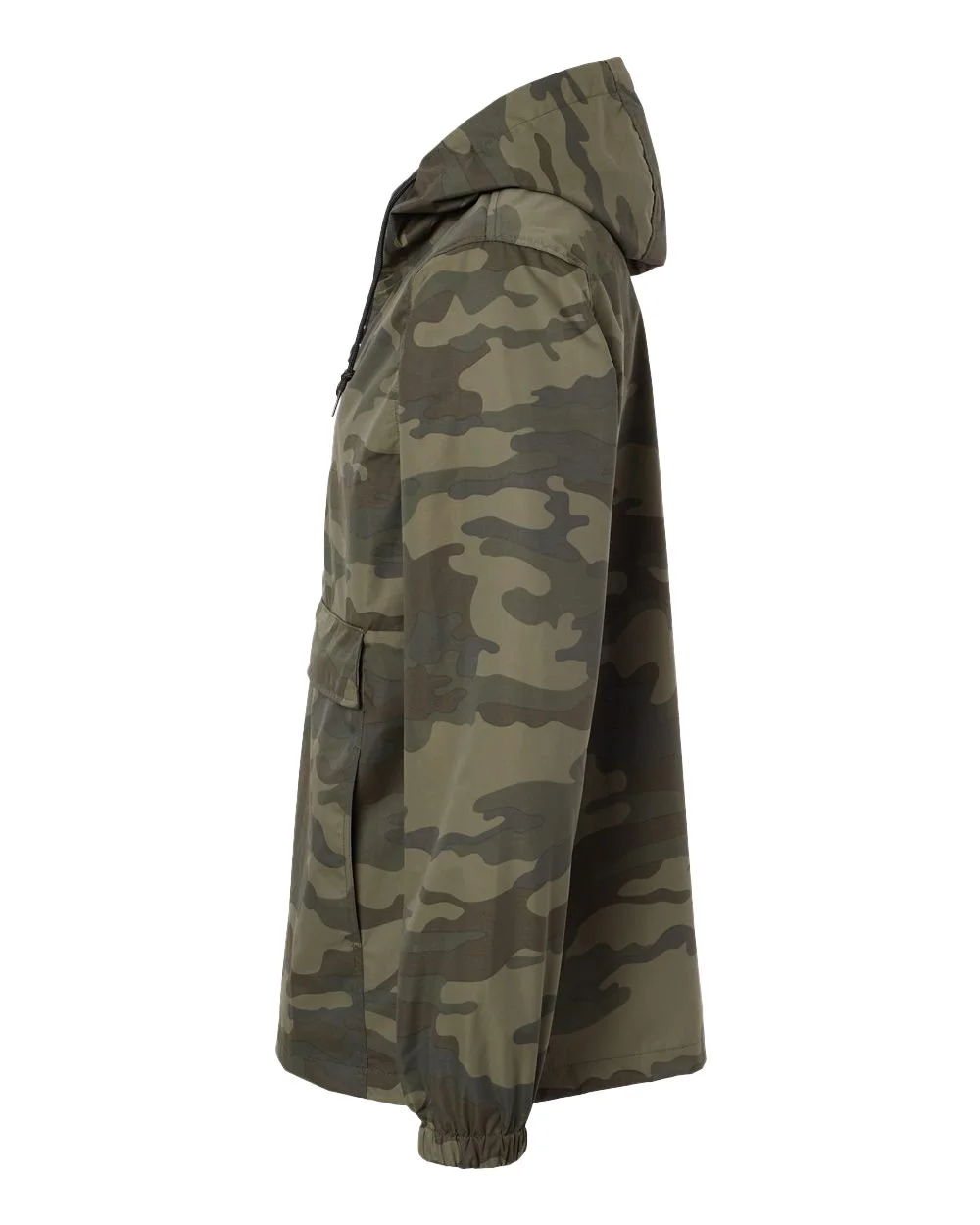 Camouflage hooded rain jacket with front pockets, side view.
