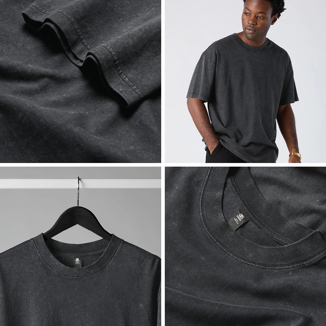 Collage of four images: close-up of a black sweatshirt's sleeve, man wearing a black oversized T-shirt, black T-shirt hanging on a black hanger, close-up of black T-shirt neckline with tag.