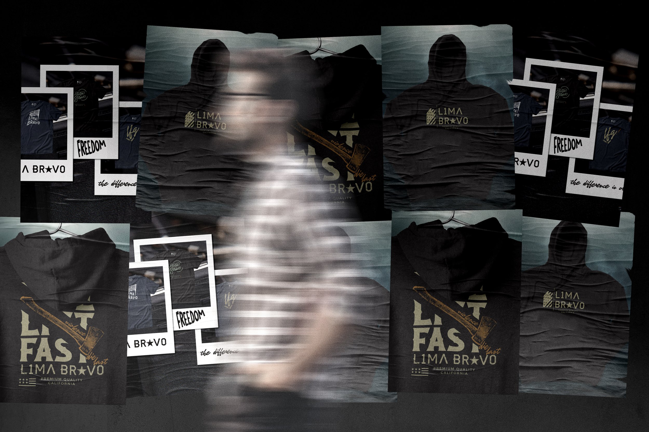Collage of promotional clothing and accessories including T-shirts with the words 'Lima Bravo', 'Freedom', and 'FAS Lima Bravo', and images of a whiskey bottle and a silhouette of a person in a hoodie, set against a dark background.