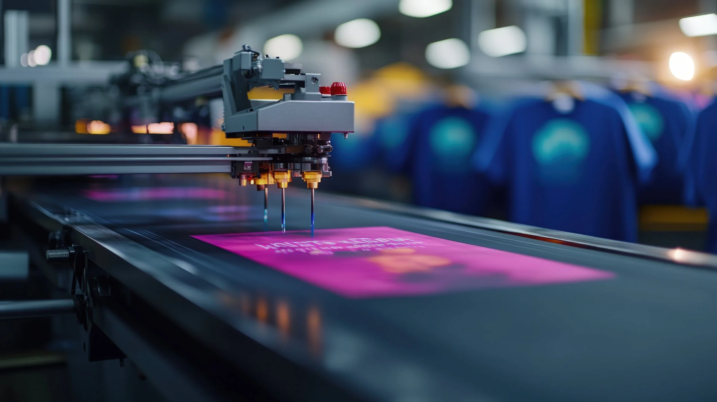 A 3D printer in operation, printing a pink material with white text on a flat surface in an industrial setting.