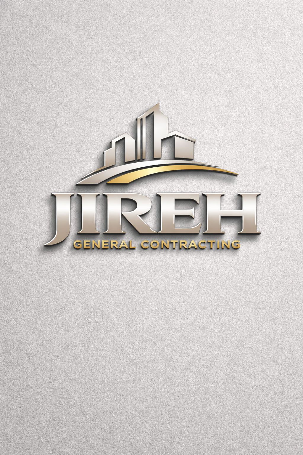 Logo for Jireh General Contracting featuring stylized silver buildings and a gold curved line on a textured light background.