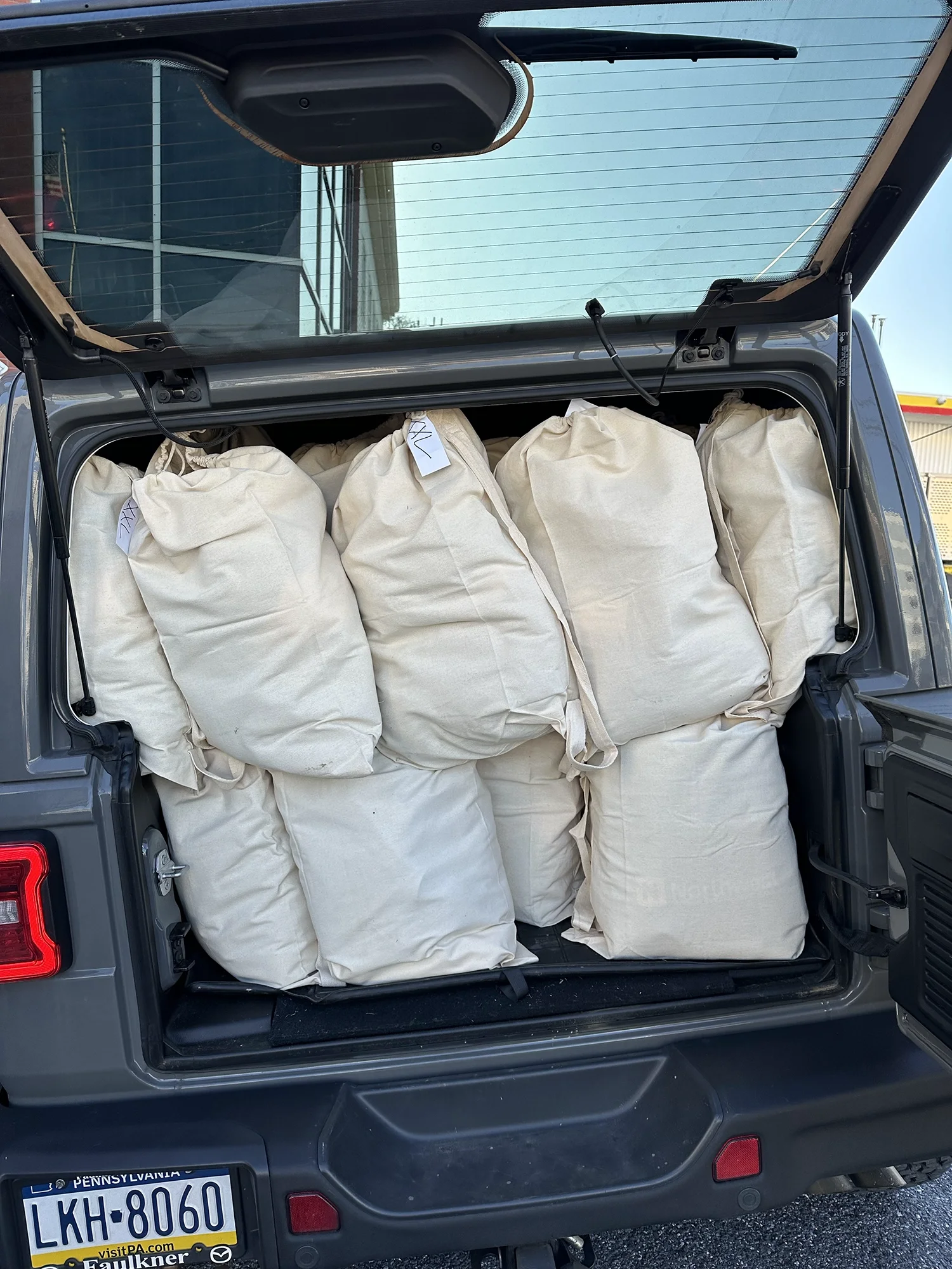 Vehicle trunk filled with donation bags prepared for delivery and distribution.