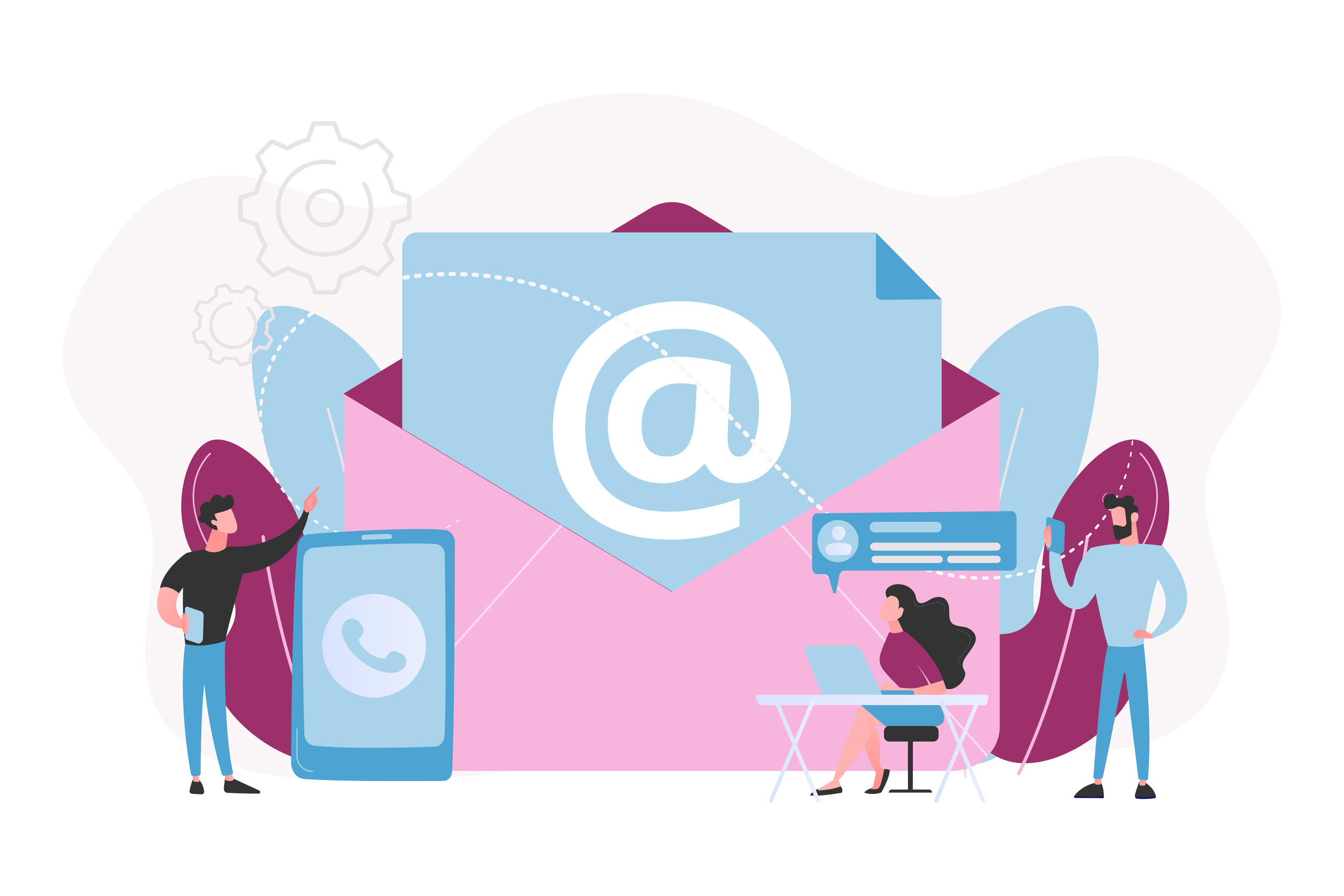 Illustration of email communication with large envelope, people using devices, and messaging icons representing contact and communication.