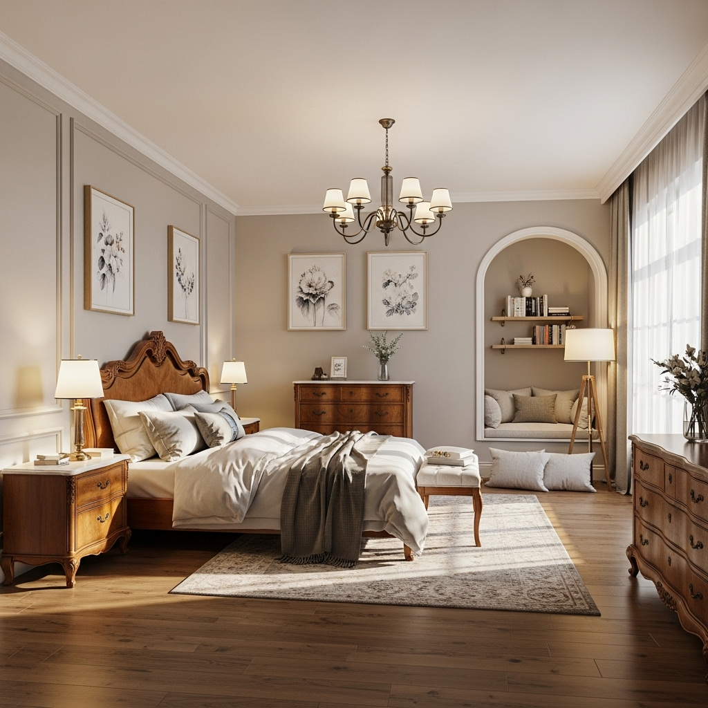 A cozy, elegantly decorated bedroom with a large wooden bed, bedside tables with lamps, a wooden dresser, a seating nook with shelves and cushions, a chandelier, and large windows with sheer curtains.