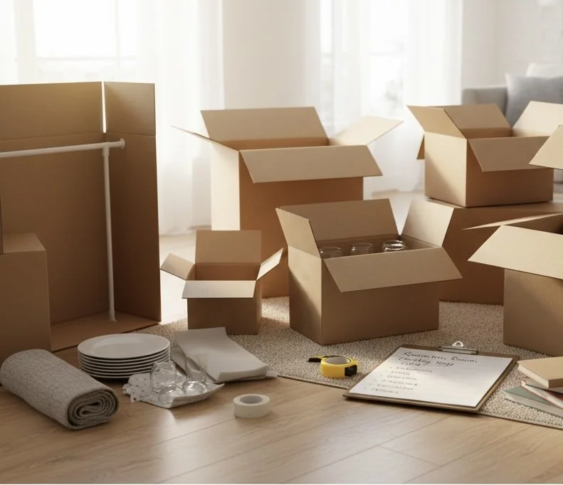 Moving boxes, packing supplies, and a clipboard on a wooden floor in a bright room.