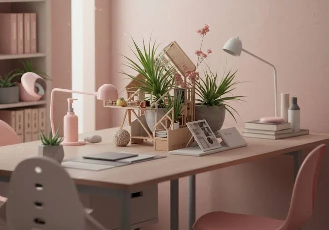 Decorative desk with plants, books, lamp, and stationery in a pastel-colored room.