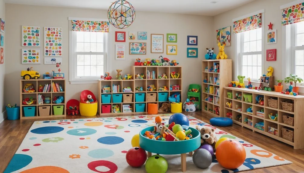Colorful children's playroom with storage shelves filled with toys, books, and decorations, bright window light, and a large polka-dotted rug with scattered plush toys and balls.