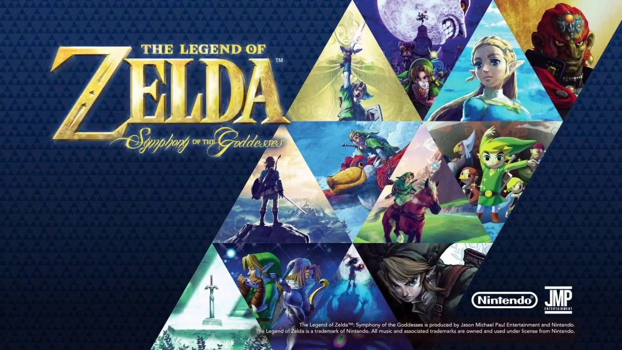 Cover art for The Legend of Zelda: Symphony of the Goddesses, featuring a collage of characters and scenes from the game arranged in triangles, with the game title prominent on the left.