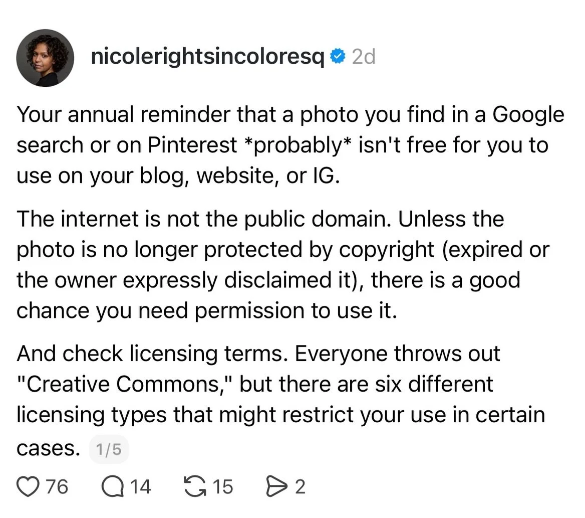 Make sure you own or have permission to use the photos you share on your website, blog, and social media. Giving credit does not automatically mean you&rsquo;re authorized. I also assure you that your use likely isn't protected under fair use.