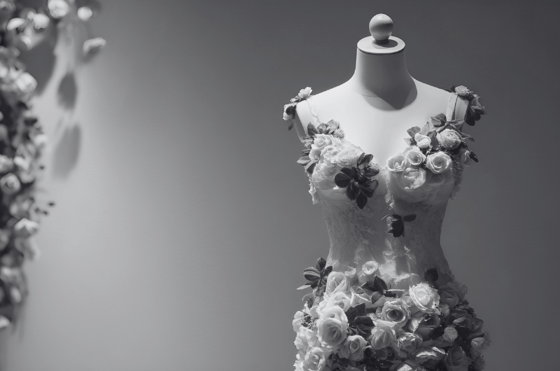 A white mannequin displays a dress adorned with white roses and green leaves.