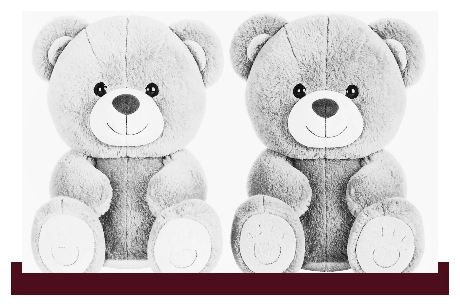 Two gray plush teddy bears with black button eyes and noses, wearing a dark scarf-like band around the neck, shown side by side against a white background.