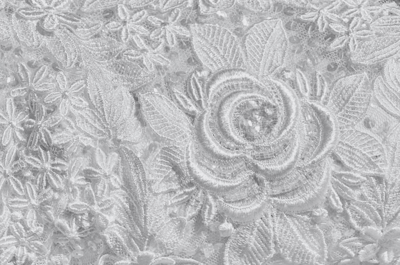 A close-up shot of white lace fabric with a floral pattern, featuring a prominent rose design and smaller flowers and leaves.