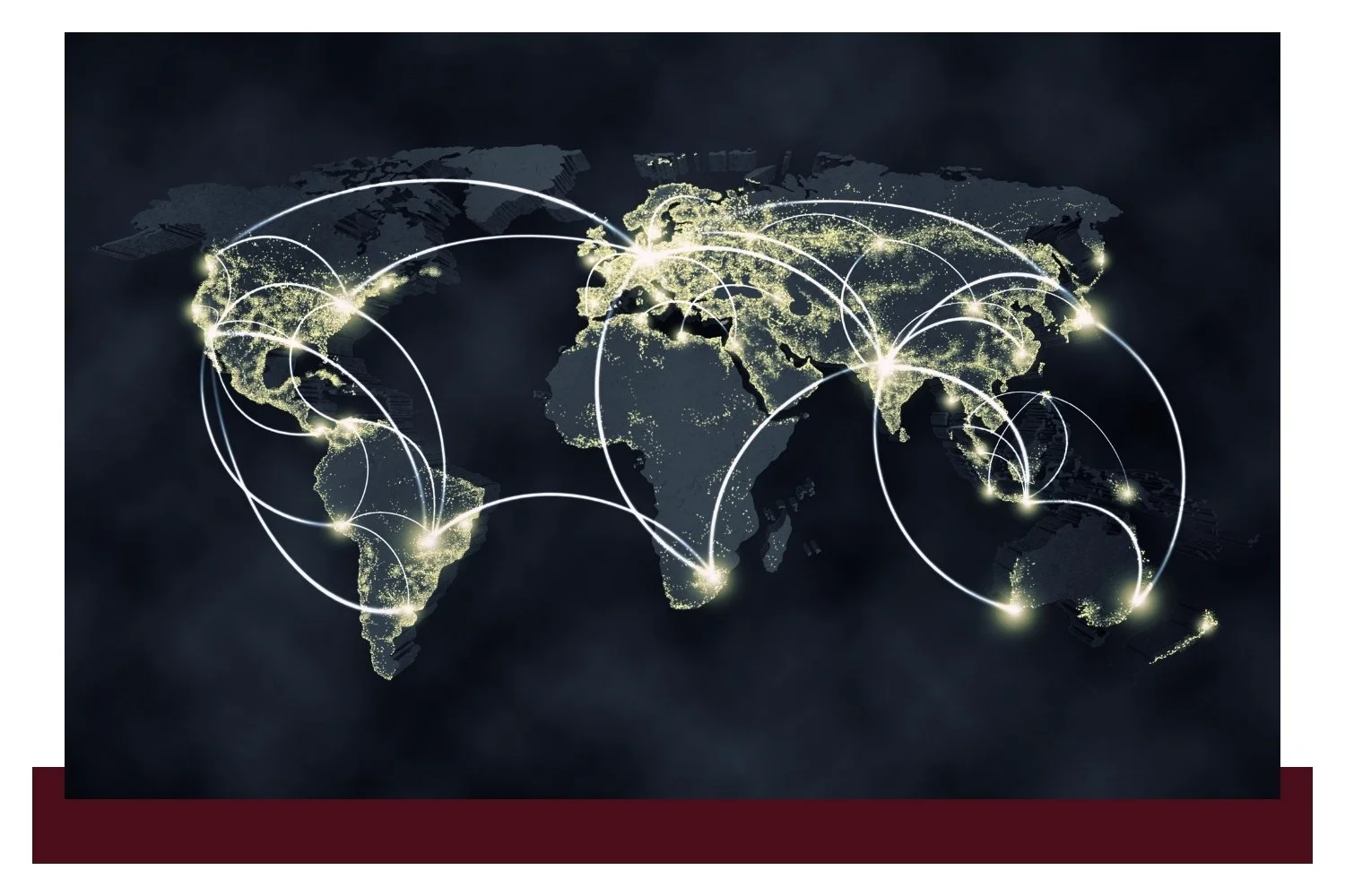 Glowing network lines and dots form a world map on a dark background, with interconnected arcs spanning continents like a digital communication network.