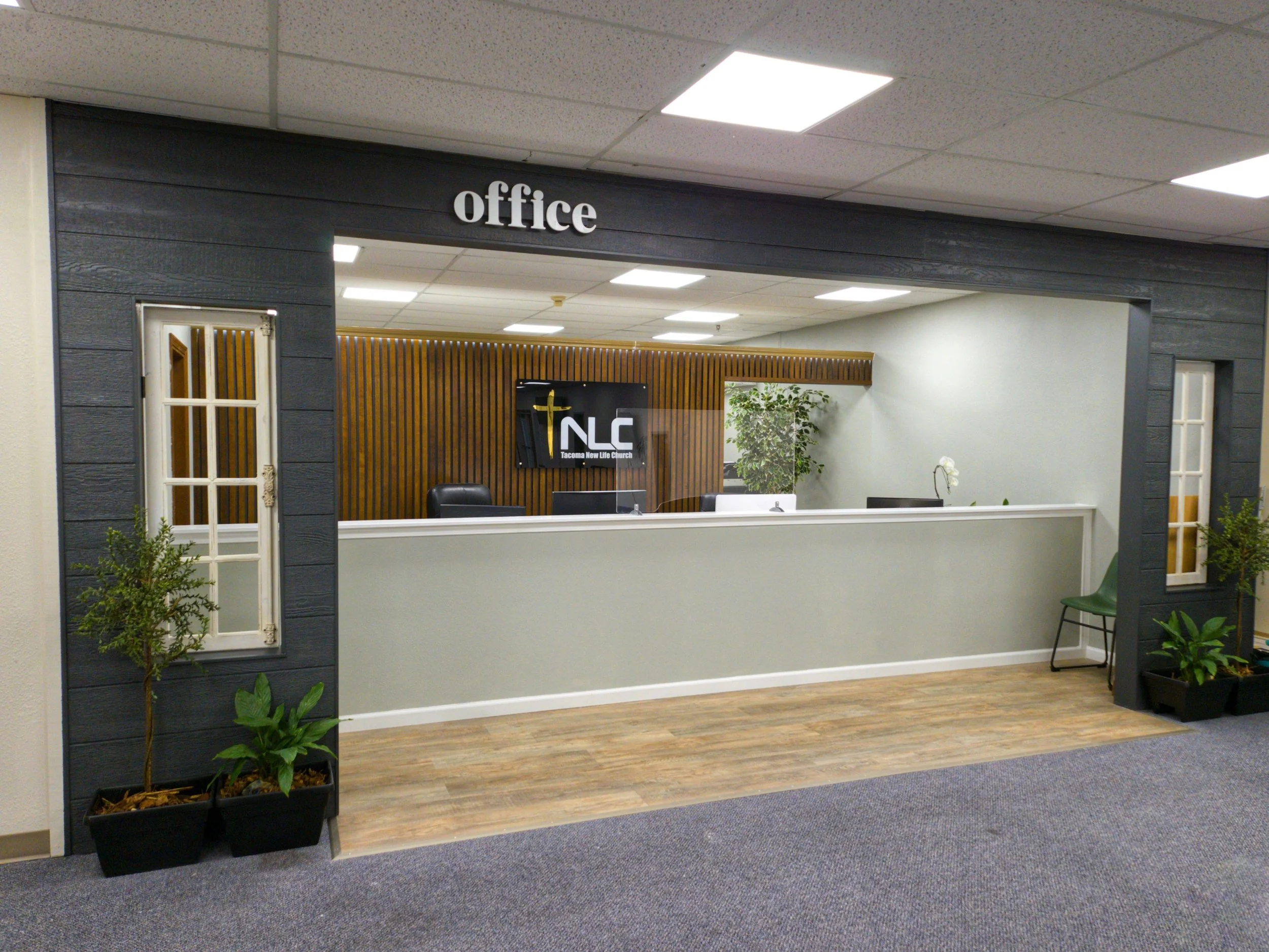 Commercial office and administrative suite renovation in Tacoma, WA, showcasing modern interior finishes and electrical upgrades.