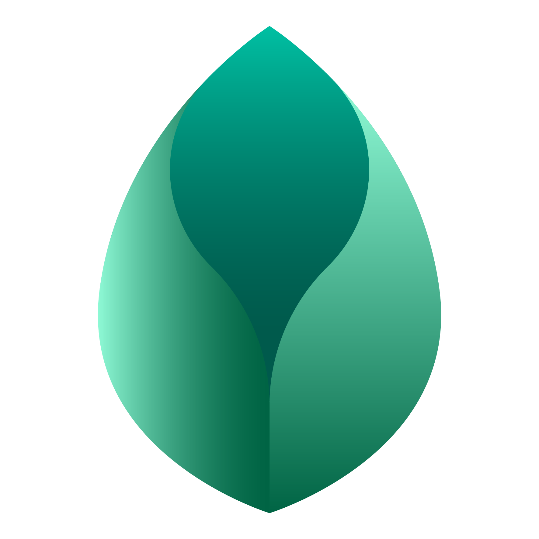 Abstract geometric design with overlapping teardrop shapes in shades of green and teal on a black background.