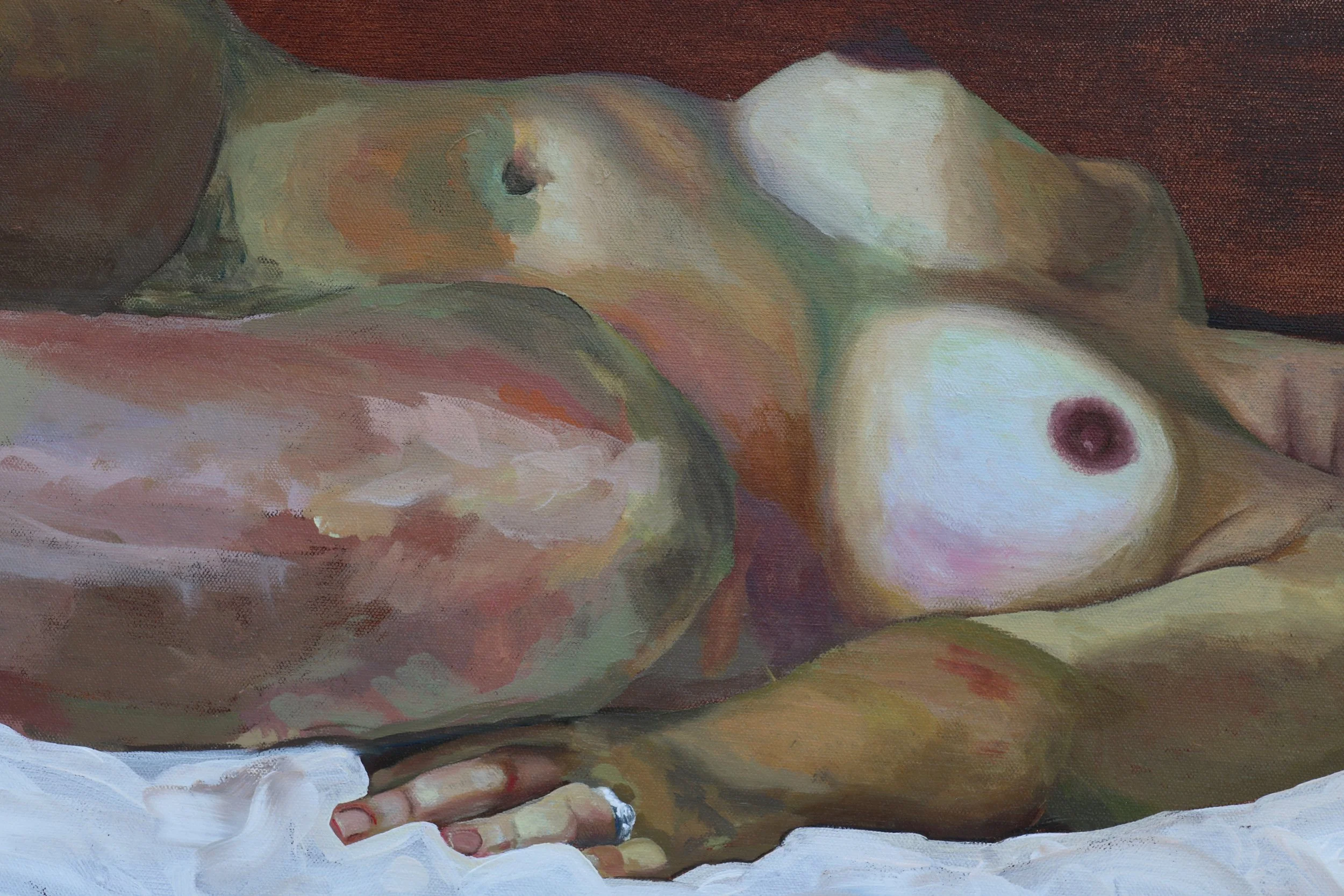Painting of a nude woman lying on her side on a bed, with her arm resting under her head, holding a long cigarette holder in her right hand.