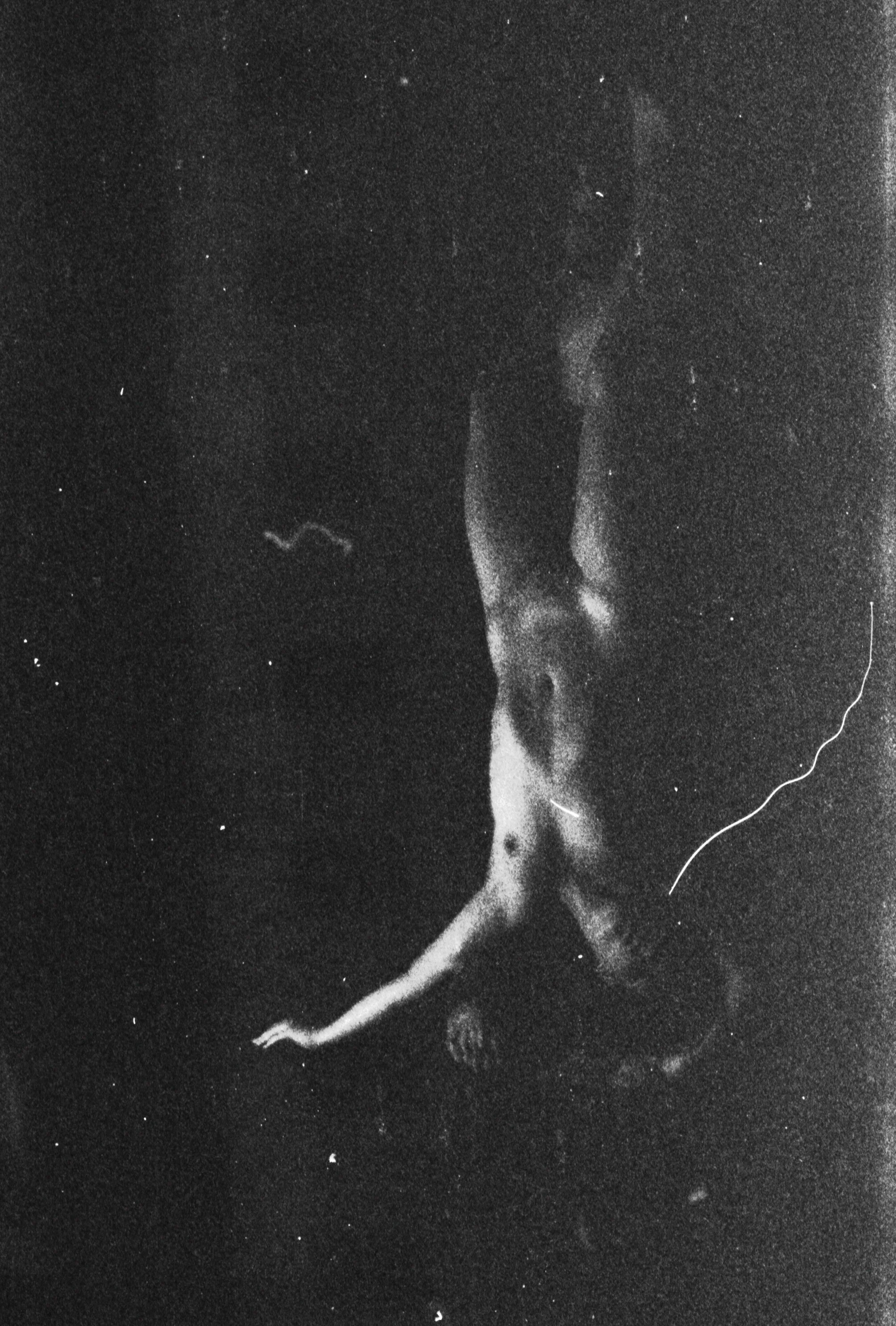 A black and white photograph of a person's legs and feet, seen from above, with a dark, starry background.