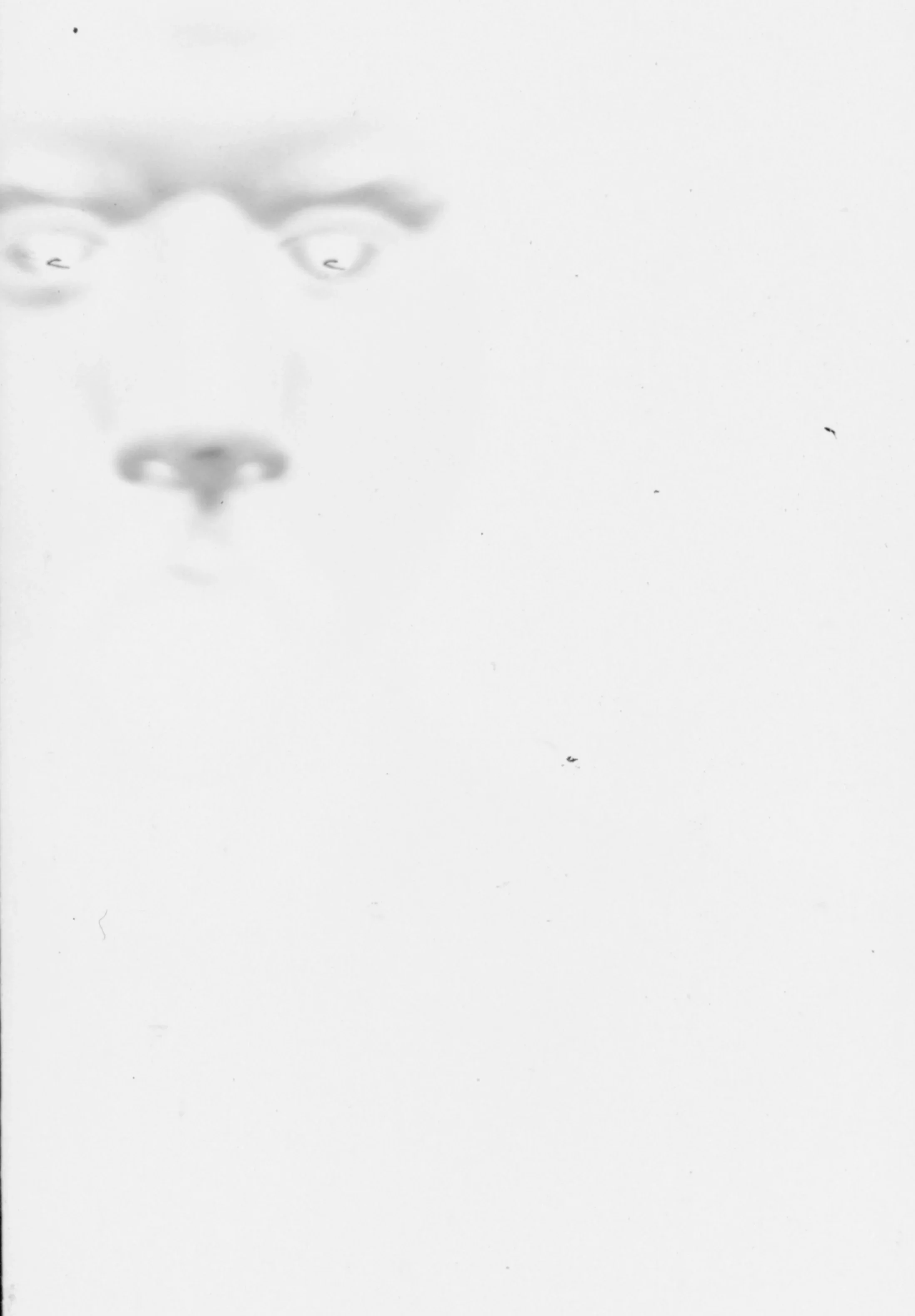 Close-up of a human face, possibly a computer or abstract art representation, with a focus on eyes, nose, and mouth, in black and white with a high contrast style.