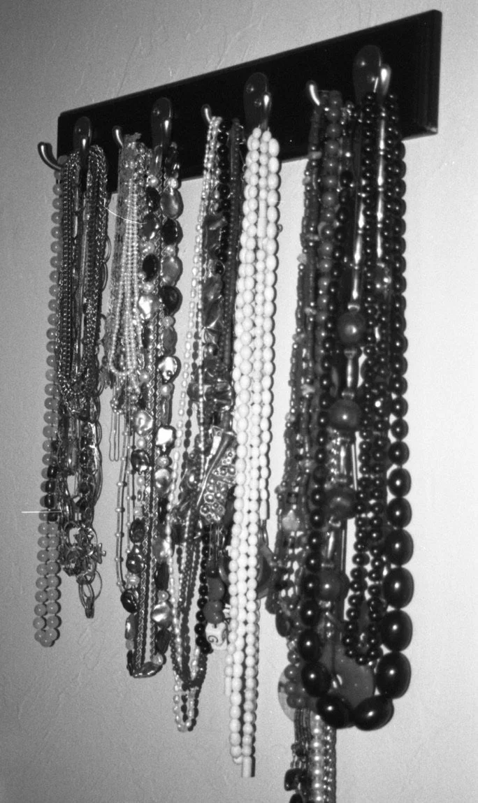 Jewelry necklaces hanging on hooks on a wall-mounted jewelry organizer in black and white.