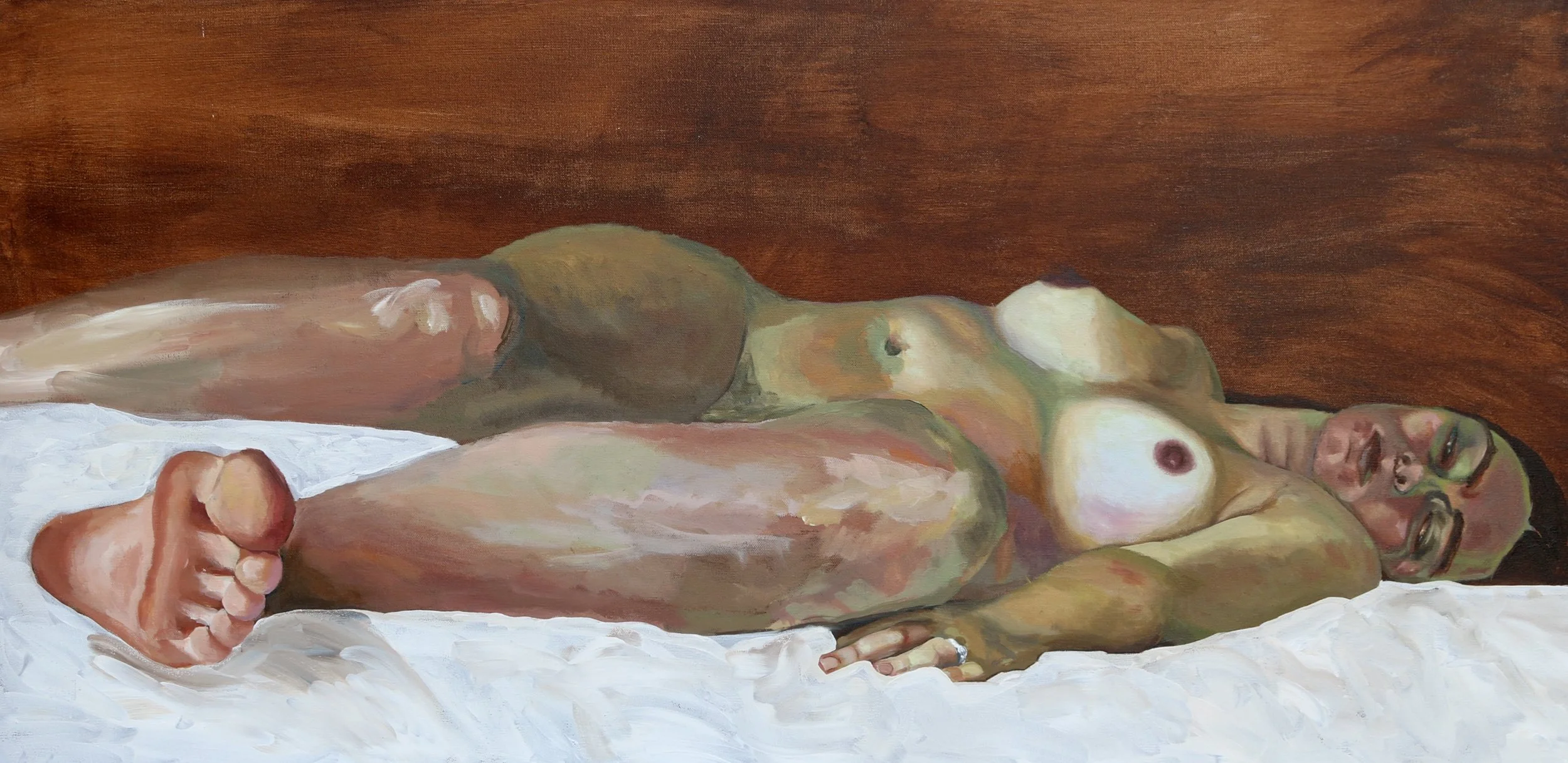 Painting of a nude woman lying on her side on a bed, with a wooden background.
