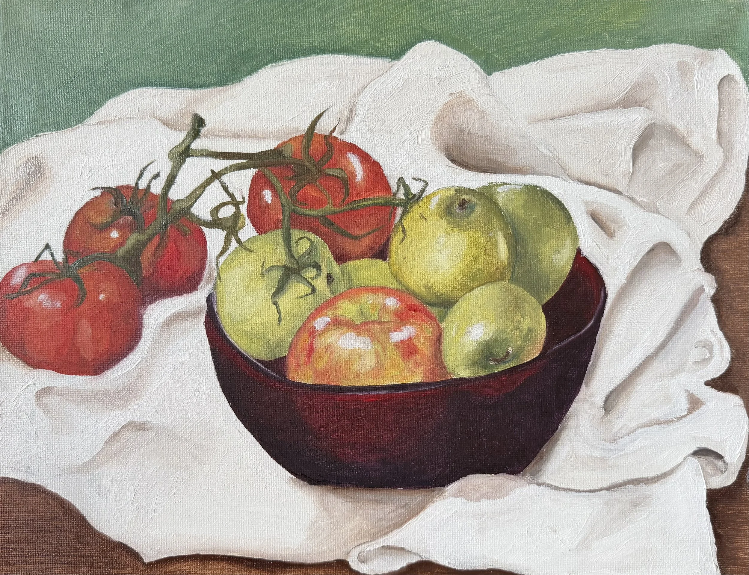 A painting showing a bunch of tomatoes, both red and green, placed inside a red bowl on a white fabric surface.