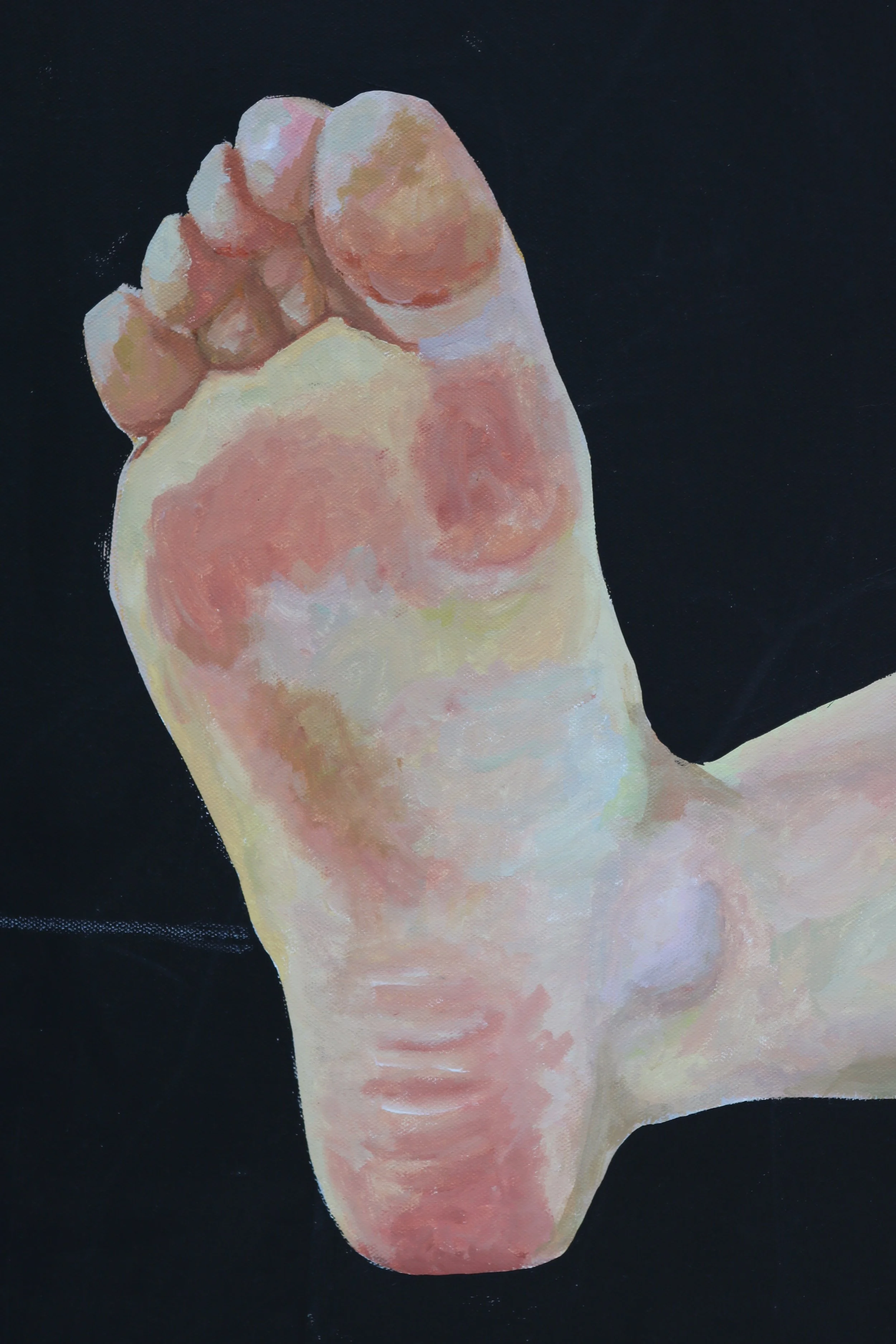 A painting of a human foot against a black background, with visible toes and heel.