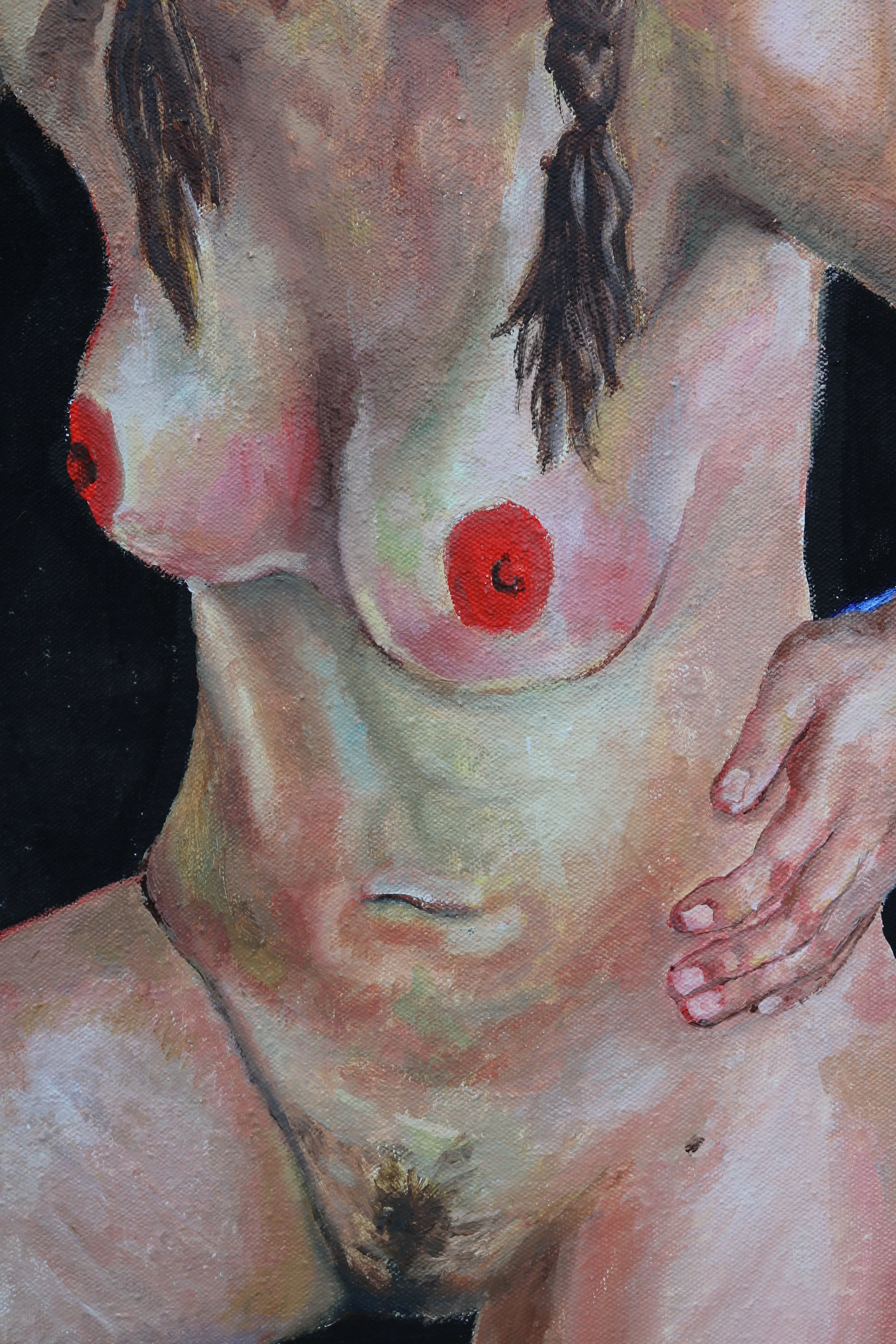 Abstract painting of a nude woman with dark hair and hand on her face, in a loose, expressive style.