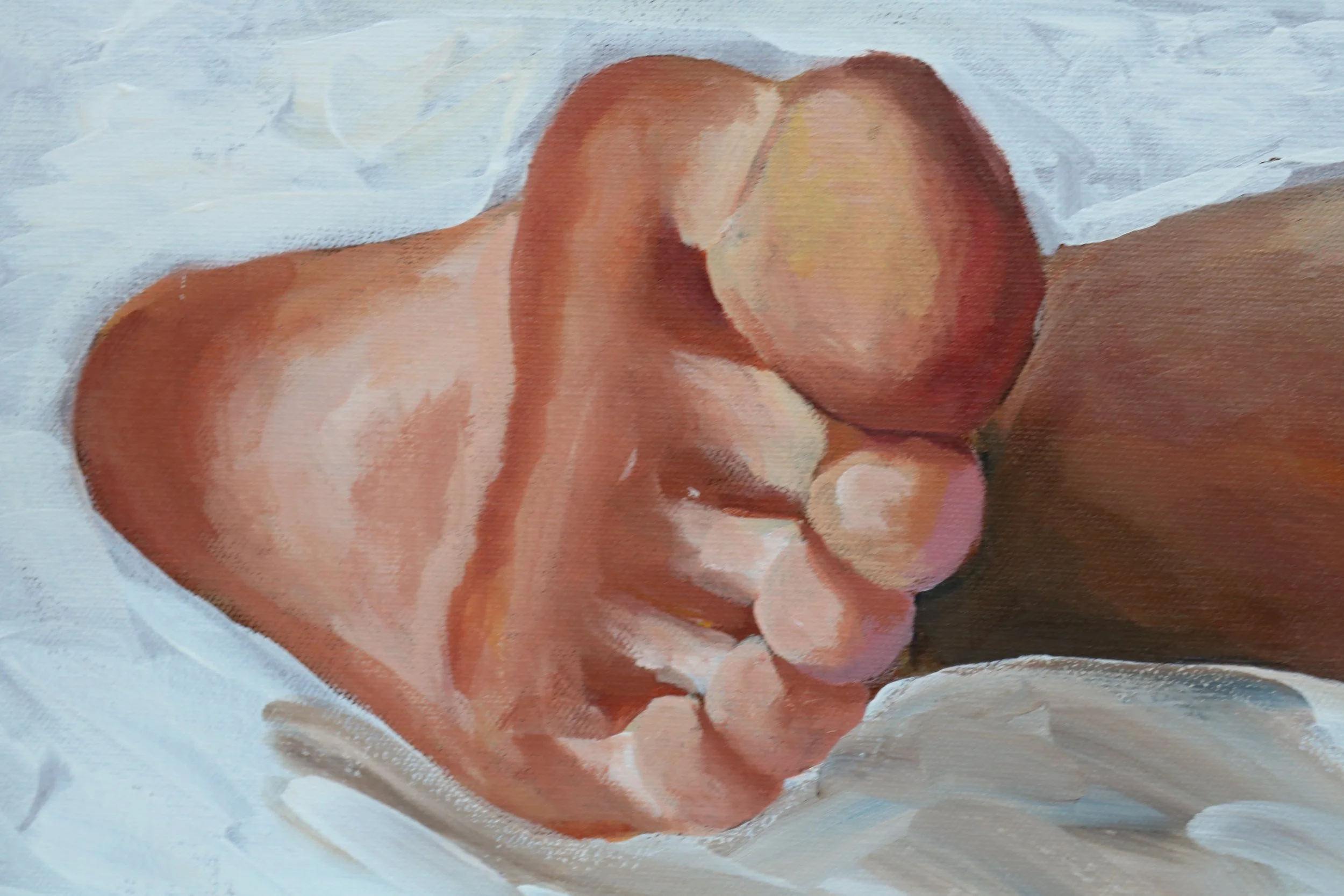 A painting of a nude woman with short brown hair, sitting with her knees pulled up to her chest, with a white background and soft brush strokes.