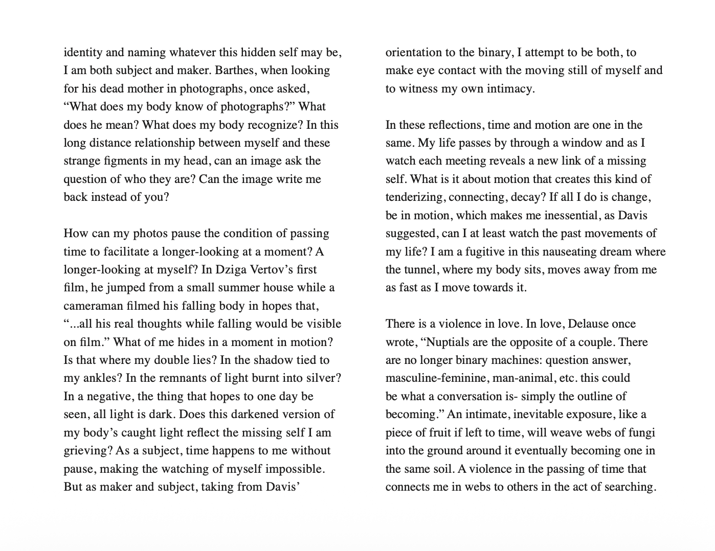 Photograph of a two-page spread of text from a book or article, discussing themes of self-perception, photography, memory, love, and the nature of time and motion.