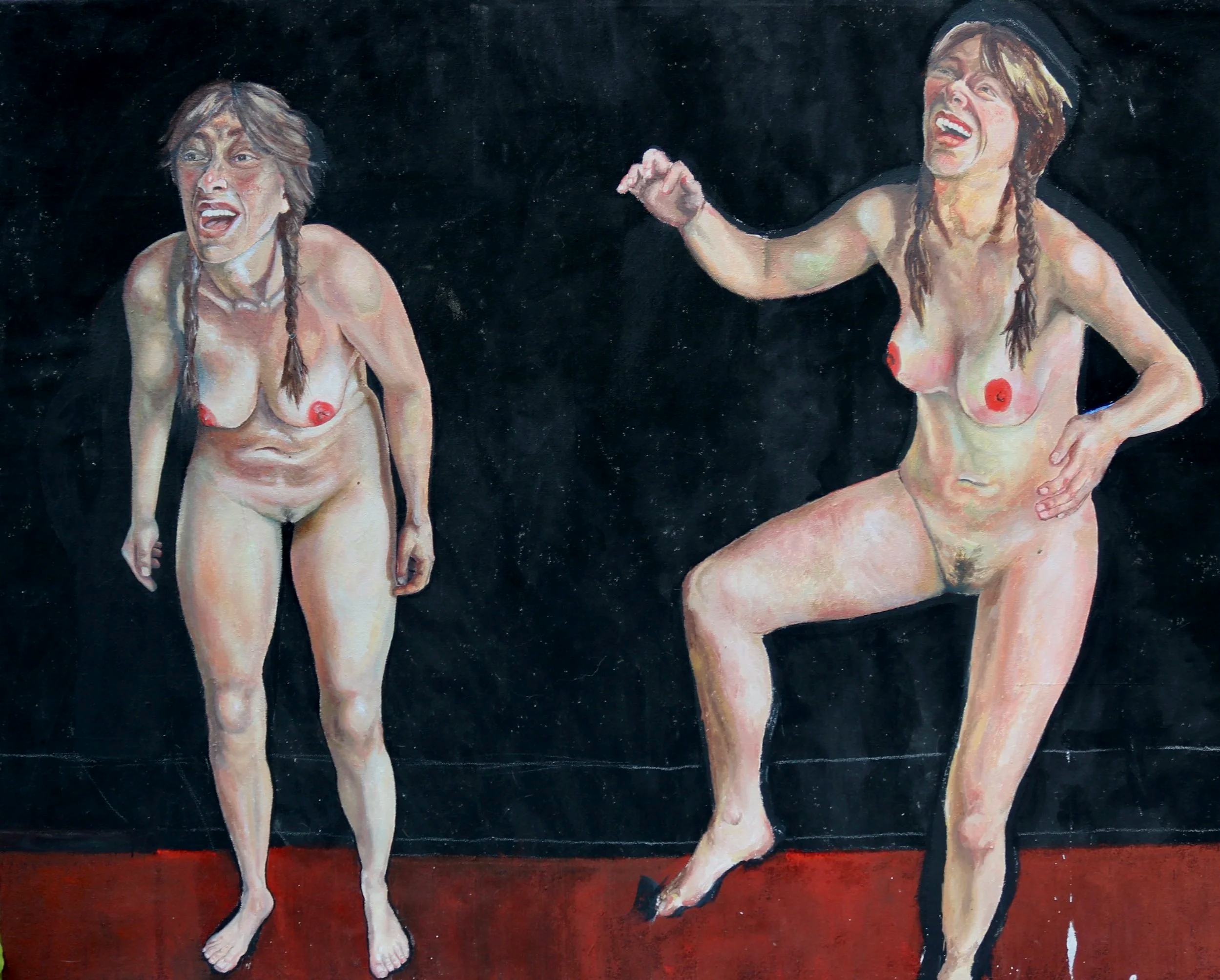 A painting of two nude women with long hair, standing on a red surface against a black background. The woman on the left has short hair, and the woman on the right has braids and is smiling, pointing with her right hand.
