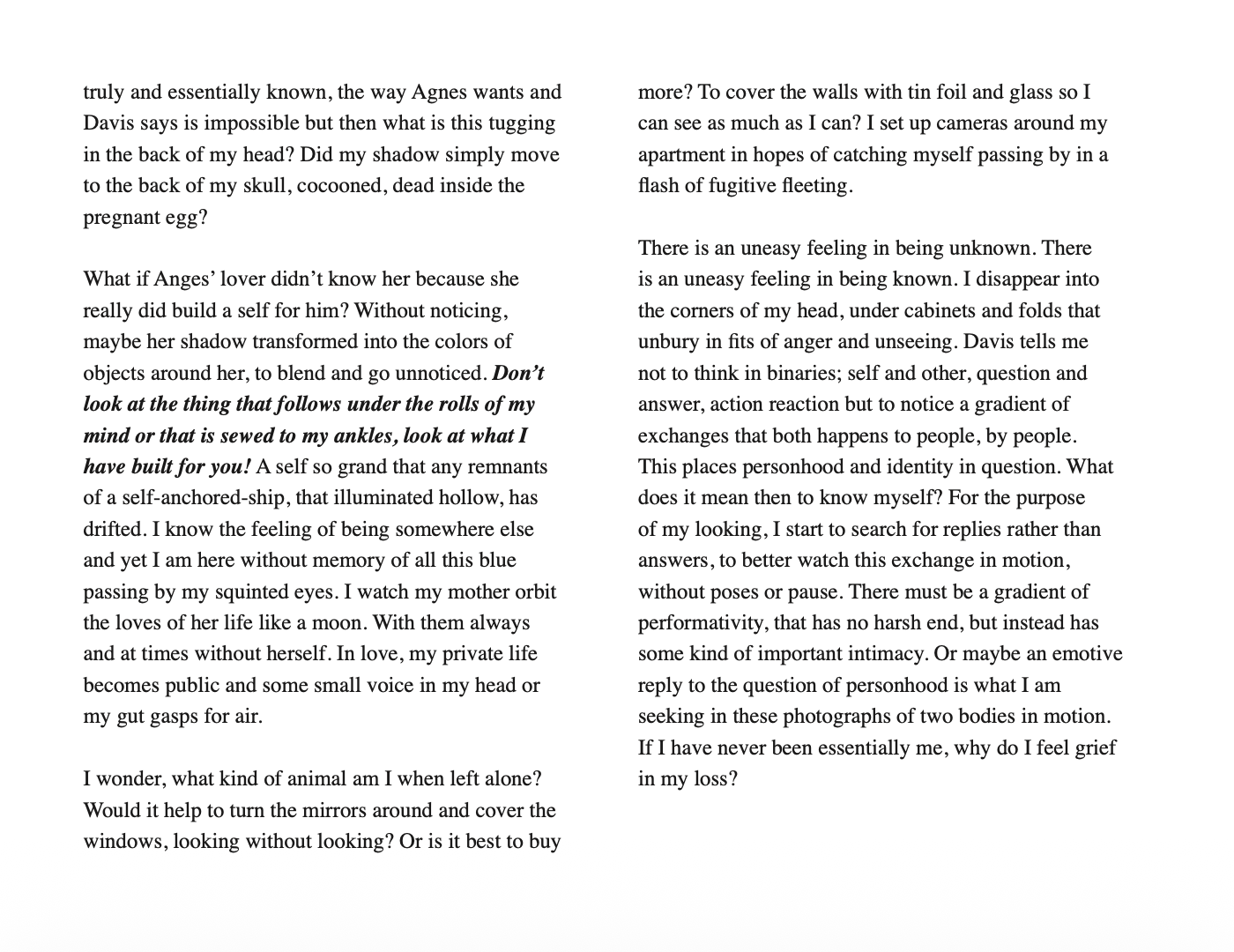 A two-page spread of printed text from a book, with dense paragraphs discussing themes of identity, perception, and self-awareness.