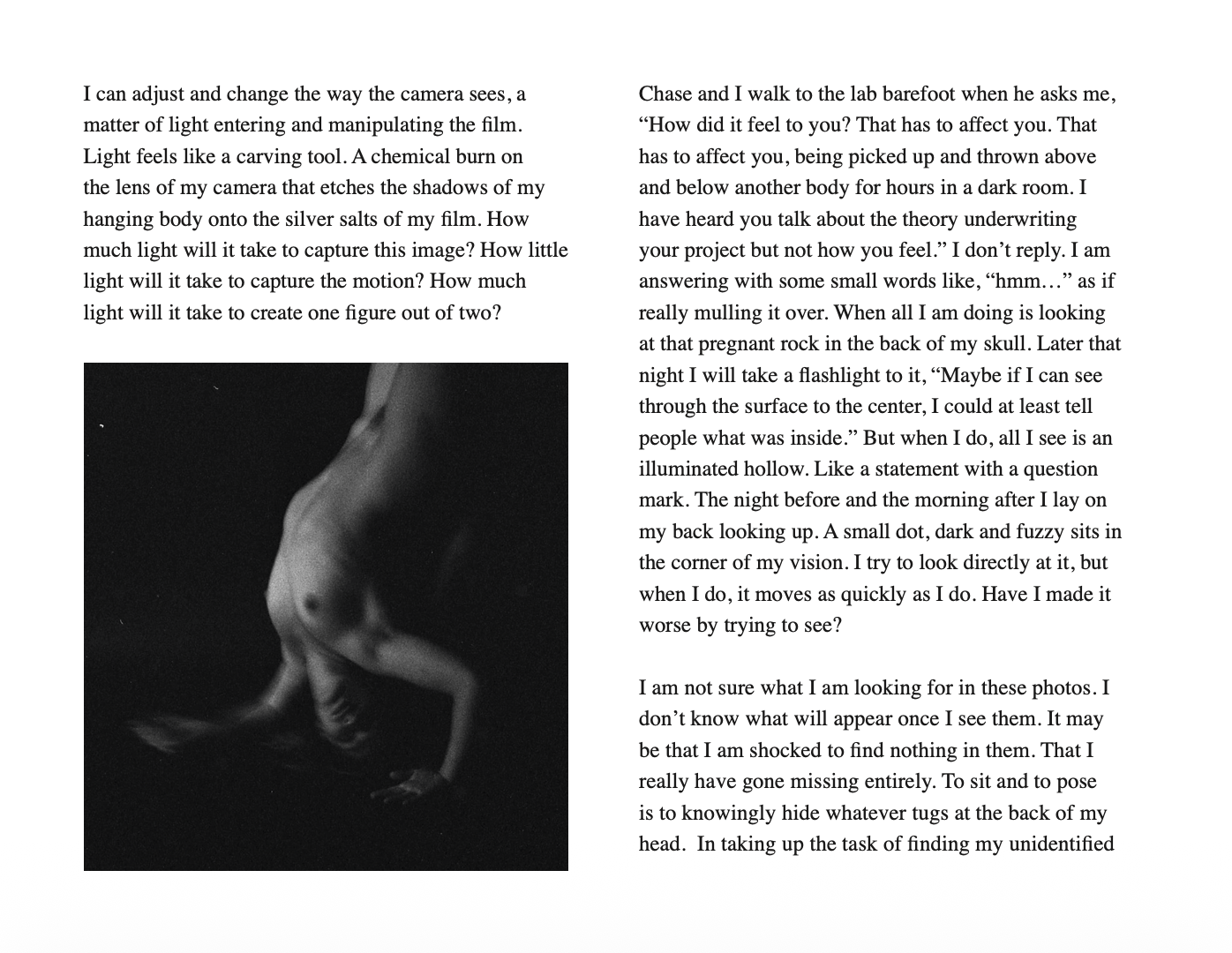 A black and white photo of a person’s back and side, partially nude, in a contorted pose against a dark background.