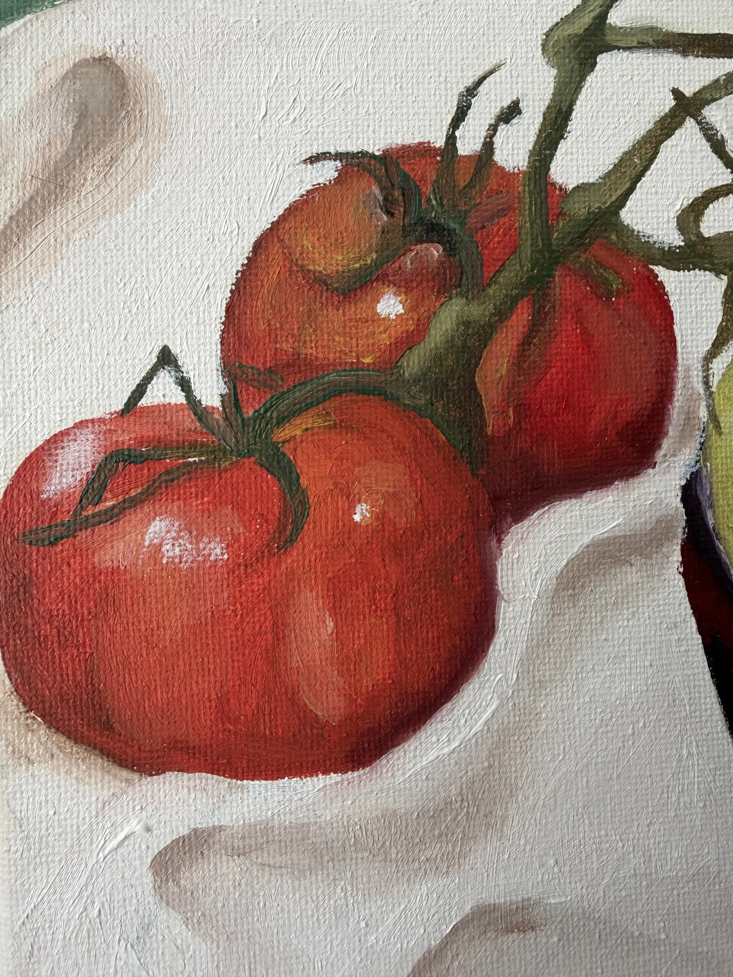 A close-up painting of red tomatoes on a vine against a white background.