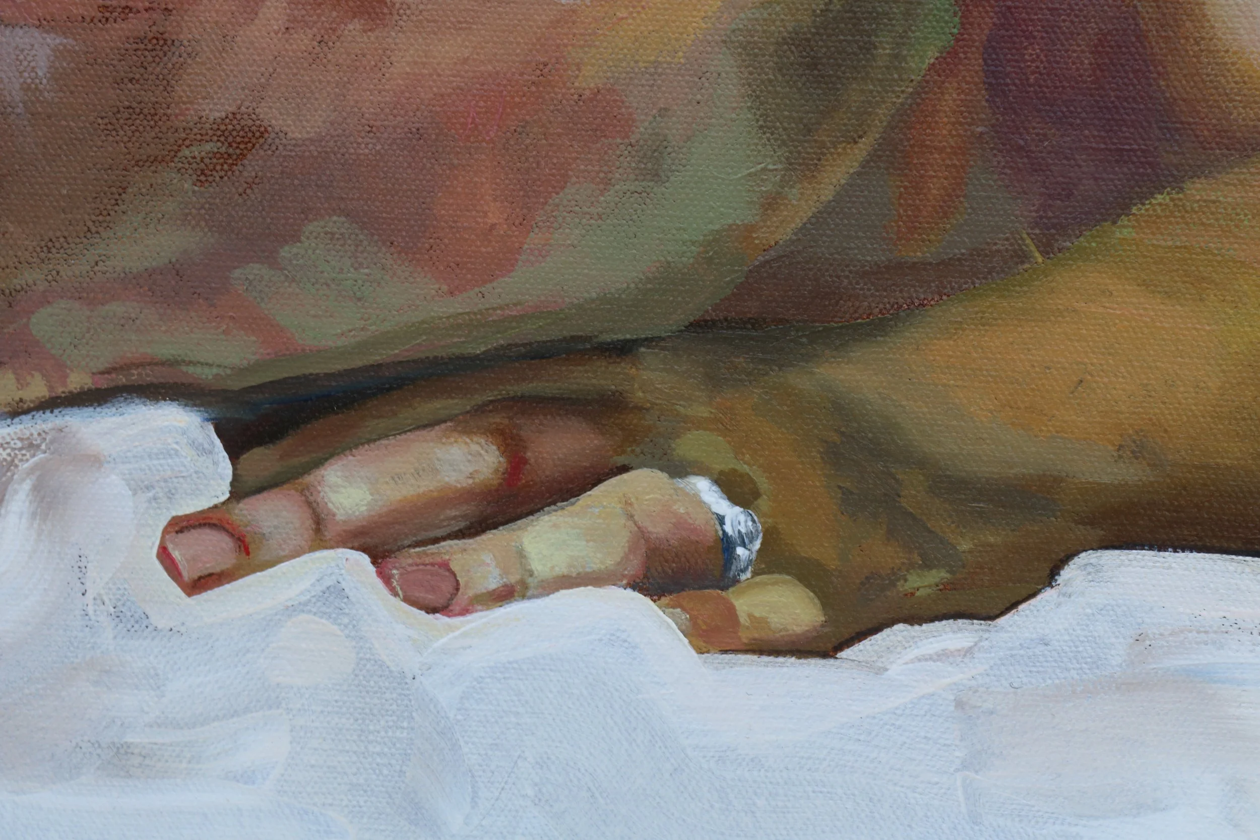 A close-up of a person's hand holding a cigarette, with a background of green, yellow, and red colors, likely in a painting style.