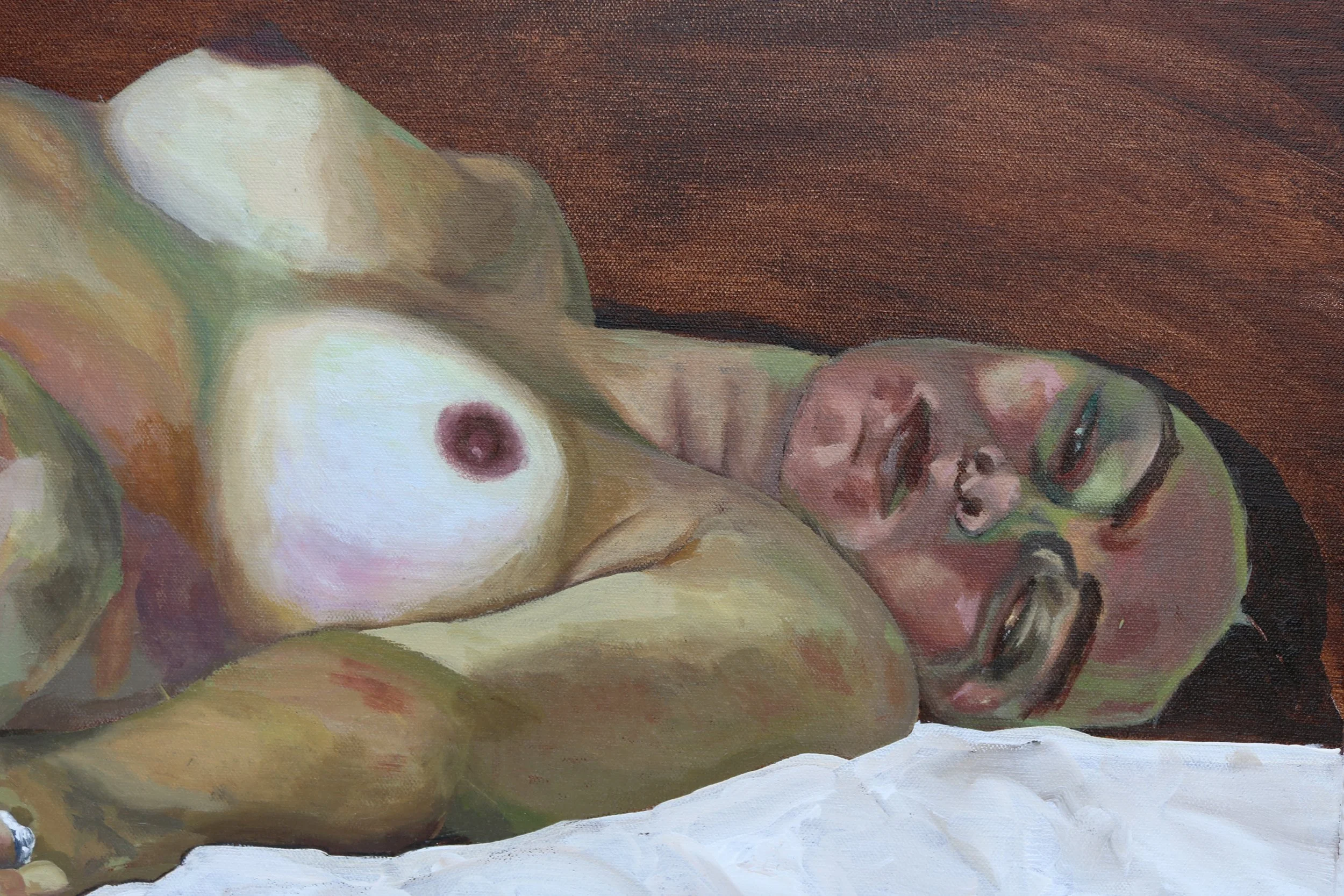 Painting of a topless woman lying on her back with her hand behind her head, lips slightly parted, with a dark background.